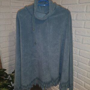 Togo Drawstring High Neck Blue Fleece Fringed Ends Poncho
